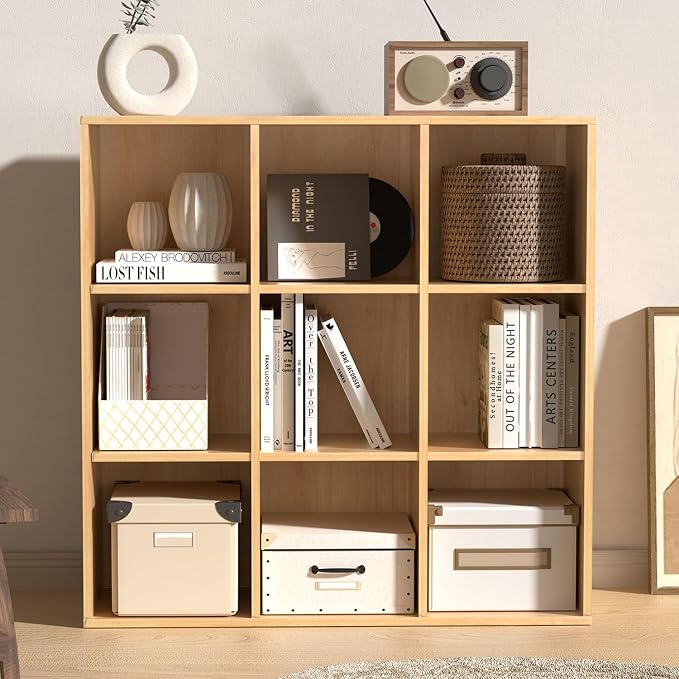 Wooden 9 Cube Storage Organizer with Closed Back Panel, Cube Shelf Heavy Duty Cubby Storage Organizer with Compartments for Living,Display Shelf,Bookshelf,Storage Furniture (Oak, 9-Cube)