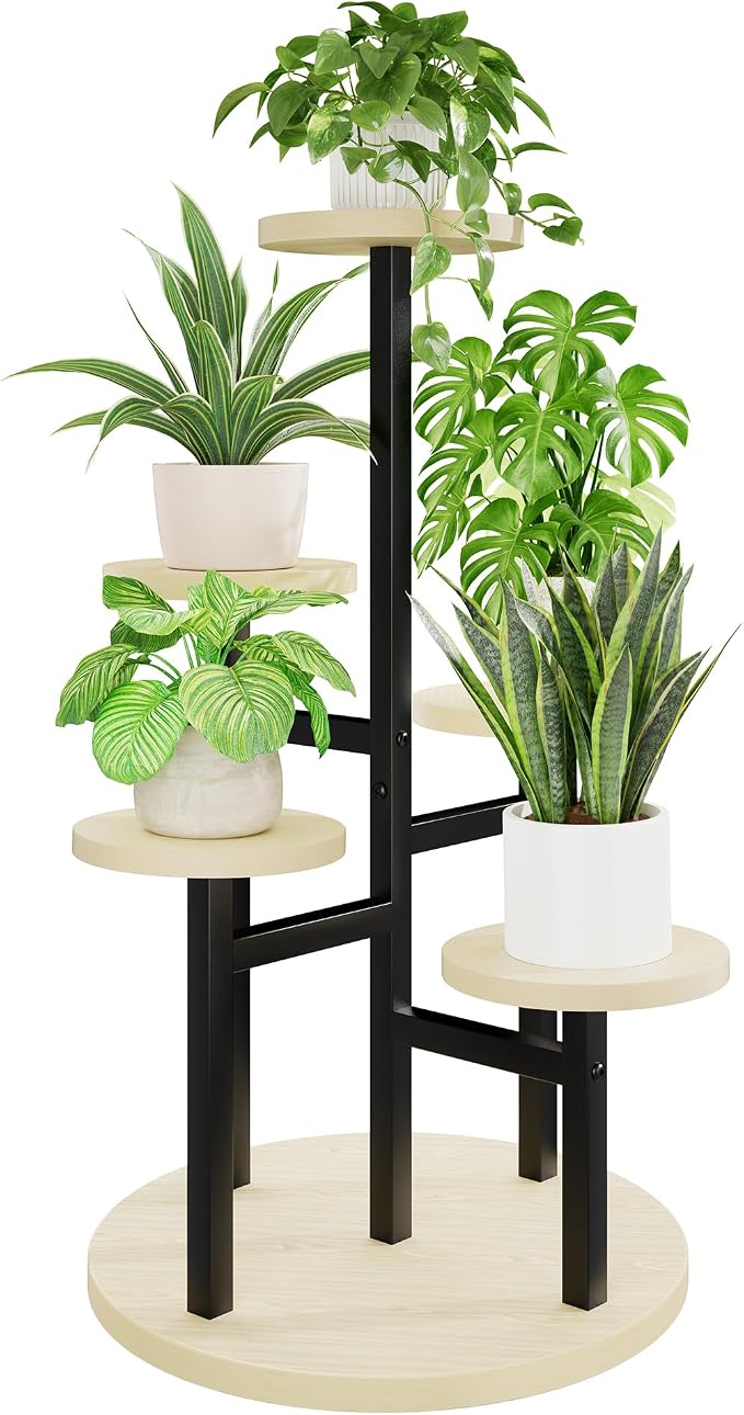5 Tiers Black Plant Stand Indoor Tall Metal Wood Plant Shelf Outdoor Plant Stands Indoor Plant Table Rack Tiered Plant Stand Garden for Living Room Balcony Patio - RoundLight