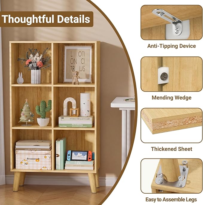 6 Cube Storage Organizer with Legs, 3 Tier Cube Low Bookcase Freestanding Storage Display Organizer for Home Office, Six-Cubes Open Shelf Bookshelf (Natural Oak, 6 Cube Vertical)