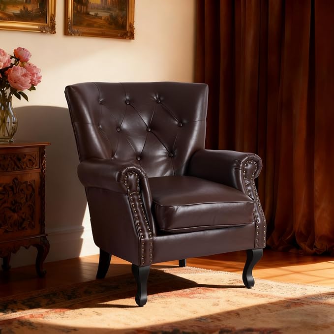Modern Accent Chair, Mid-Century Faux Leather Armchair with Solid Wood Legs, Single Sofa Club Chair for Living Room, Bedroom, Leisure Room, Reading Room(Caramel)