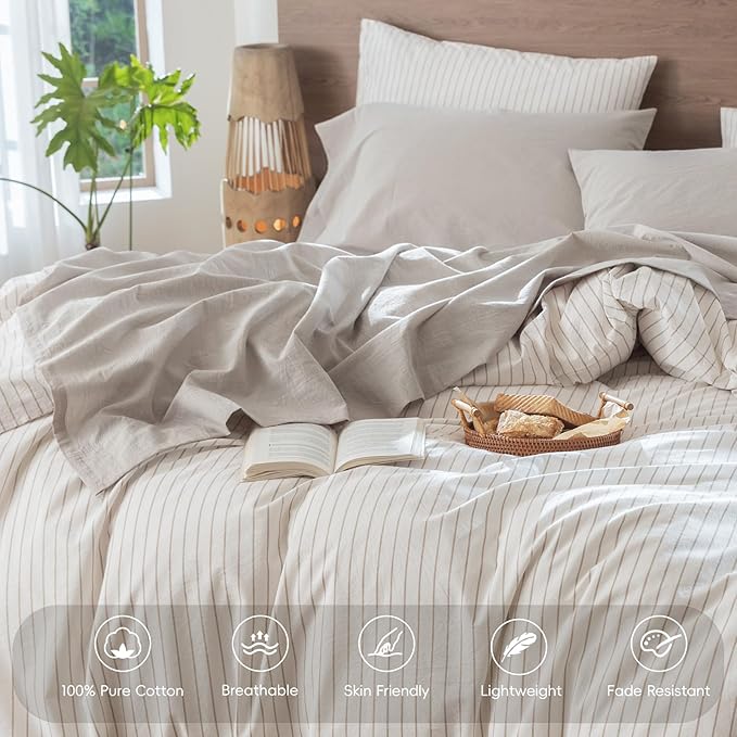 MooMee Bedding Sheet Set 100% Washed Cotton Linen Like Textured Breathable Durable Soft Comfy (Solid Light Tan, Twin)