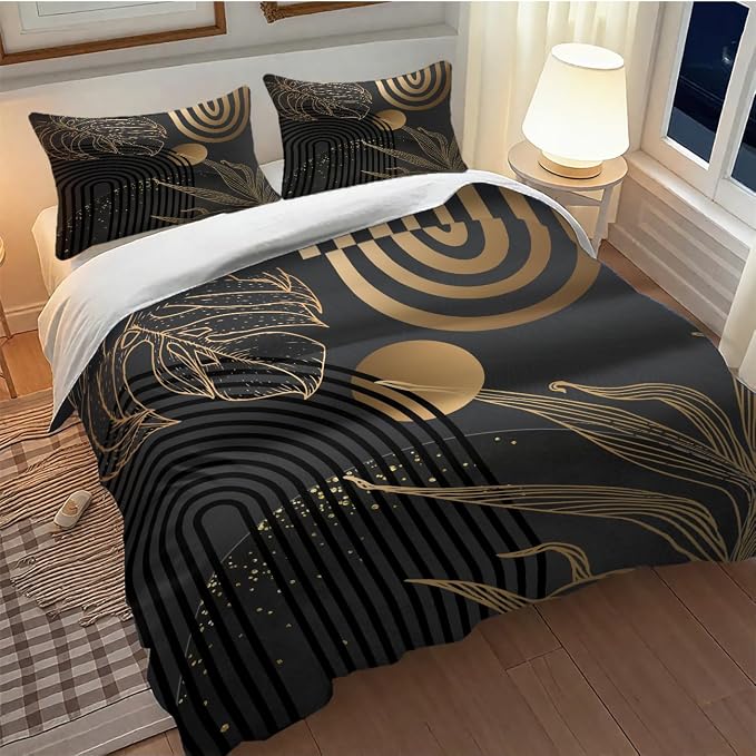 Mid Century Leaf Bedding Set,Dark Black Gold Abstract Tropical Plant Minimalist Modern Geometric Palm Leaf Simple Comforter Duvet Cover Set with Pillowcase for Bedroom Bed Decor,Full 79"x90"