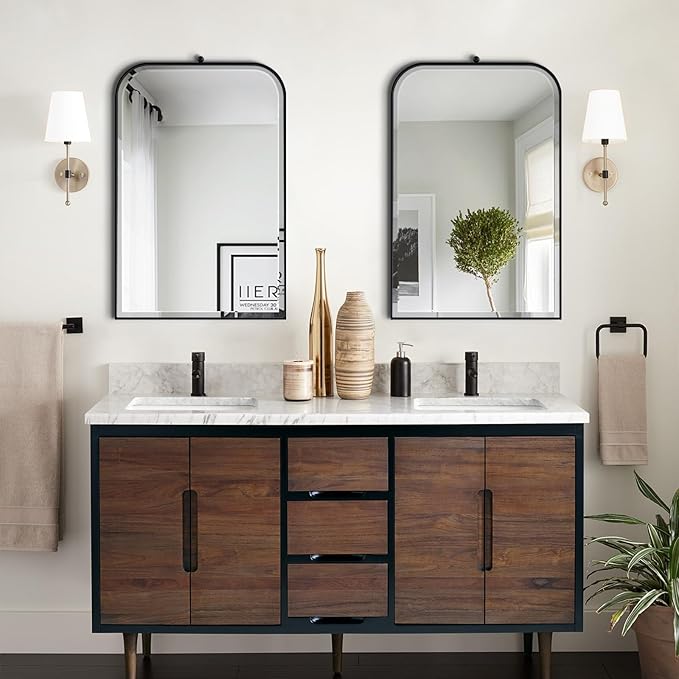 POZINO Beveled Oblong Mirror, 20"x30" Rectangle Rounded Mirror for Over Sink, Modern Black Bathroom Mirrors with Stainless Steel Frame, Vanity Wall Mirrors for Bedroom Living Room Entryway Fireplace