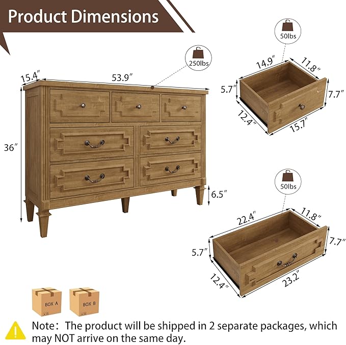 7 Drawer Dresser for Bedroom, 36" Tall Dresser & Chest of Drawers wtih Vintage Surface, Closet Storage Cabinet for Living Room, Hallway, Natural Oak