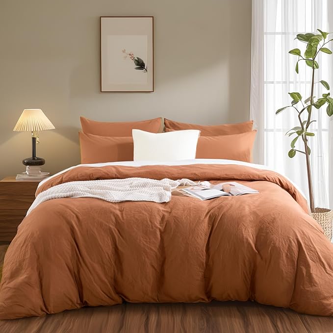 NEXHOME PRO Terracotta Burnt Orange Duvet Cover Set Kids Twin Size Linen Look Textured Organic Natural 100% Washed Cotton Duvet Cover 2 Pieces Bedding Set Caramel with Zipper Closure (No Comforter)