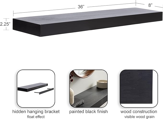 Kate and Laurel Havlock Modern Natural Floating Shelf; 36 x 8; Black; Functional Bathroom and Kitchen Shelf for Storage and Display of Picture Frames or Plants