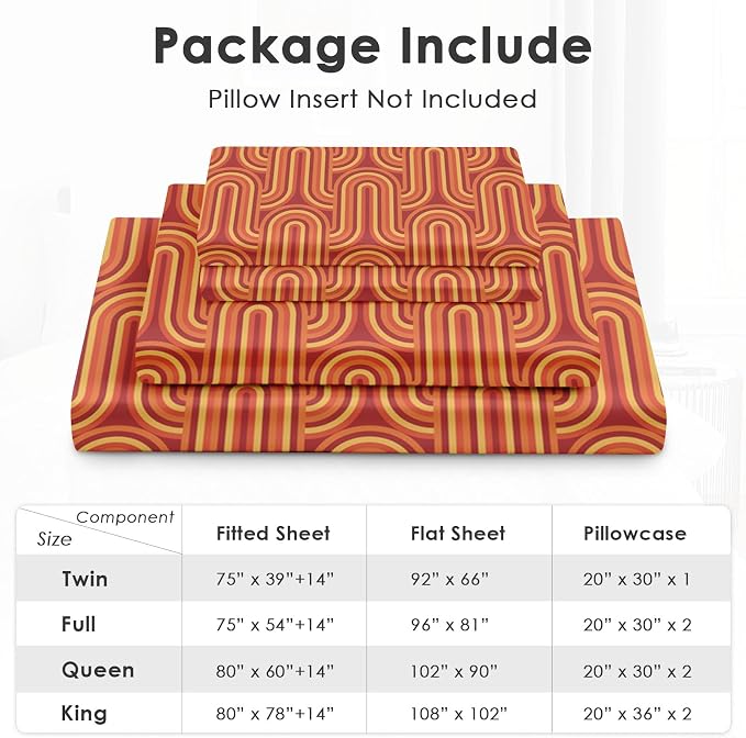 Pamnest Full Size Bed Sheet Sets, 70S Vintage Geometric Soft Microfiber 4 Pcs Bedding Sets for Kids and Adults Bedroom Bed Decor, Mid Century Yellow Flat, Fitted Sheet and 2 Pillowcases