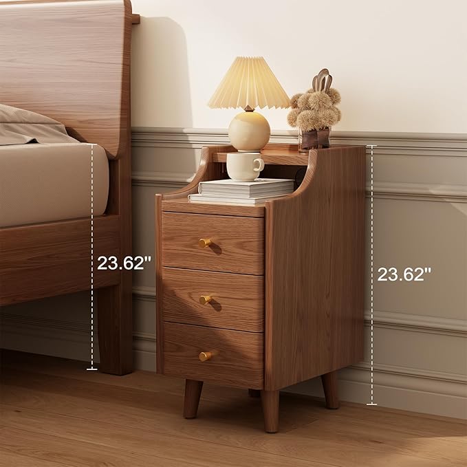 Solid Wood Narrow Nightstand with Drawers,Walnut Nightstand Wood Bedside Table Modern for Bedroom,Study,Toilet