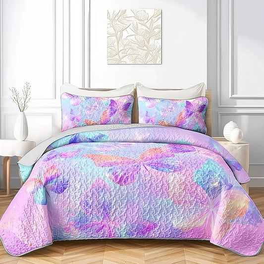AILONEN Dreamy Pastel Butterfly Twin Quilted Comforter Set 3 Piece, Sparkling Fantasy Bedspread Coverlet with 2 Pillowcases, Magical Bedding for Girls Dorm