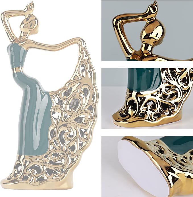 DOVDOV Ceramic Peacock Dancer Statue, Green and Gold Home Decor, Ballerina Sculpture, Peacock Home Decor for Room Corner Shelf Bathroom Shelf Corner Shelf TV Cabinet Corner Counter Top Decoration