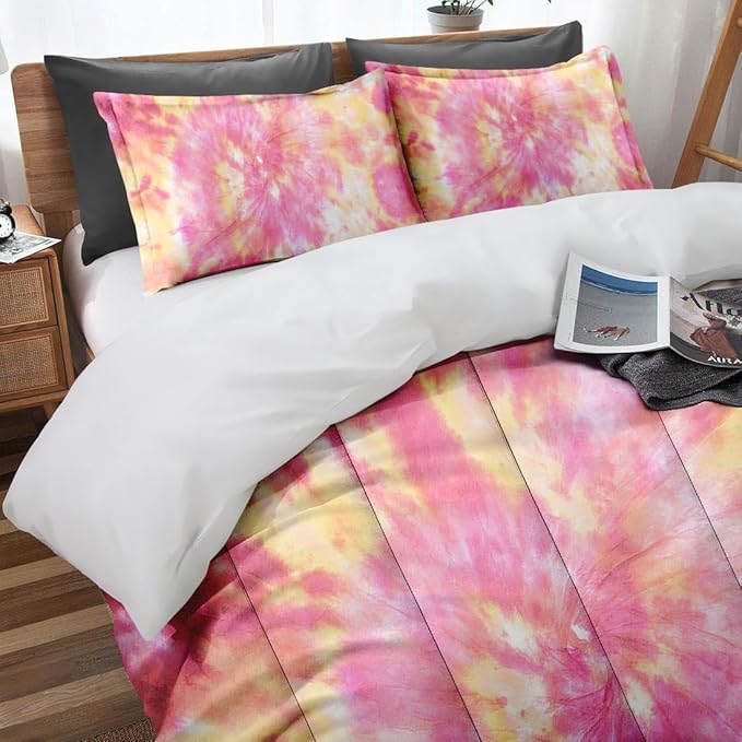 Hippie Tie Dye Orange Queen Comforter Set, Pink Peach Light Bedding Set 3 Piece, All Season Soft Toddlers Children Adults Bedroom Bed Decoration Comforter and 2 Pillow Shams