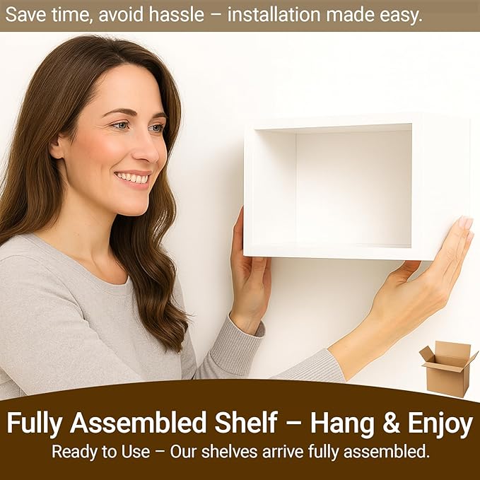 Premium Warm White Floating Cube Shelves, Eco-Friendly Wood Box-Style Wall Storage Display Set of 3 — Pre-Assembled, Ready to Use, Modern Decorative Wall Shelf Units for Living Room, Bedroom & Office