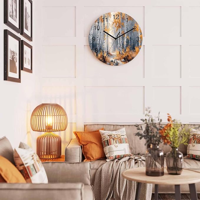 Yellow Forest Painting Art Style Wall Clock Battery Operated Non-Ticking 10" Round Wood Clocks, Kitchen Wall Clock for School Bathroom Living Room Home Office Wall Decor