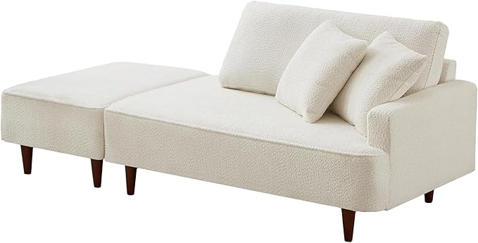 GDFStudio Upholstered Chaise Lounge Chair Indoor with Ottoman, Boucle Fabric Chaise Chair with 2 Throw Pillows and Solid Wood Legs, Recliner Lounge Chair for Office Living Room Bedroom, White