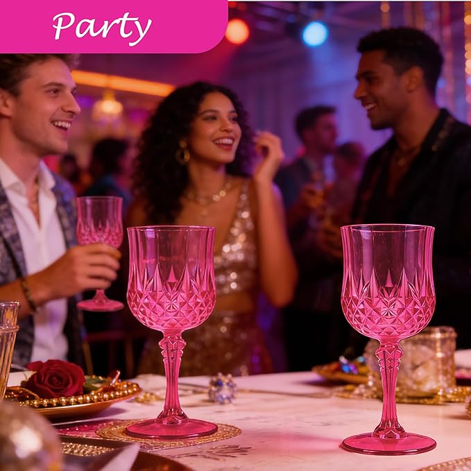 Plastic Wine Glasses, Plastic Goblets Vintage Style Cordial Drinking Glasses for Valentine’s Day, Wedding Reception, Grand Event Party Supplies (48, Hot Pink)