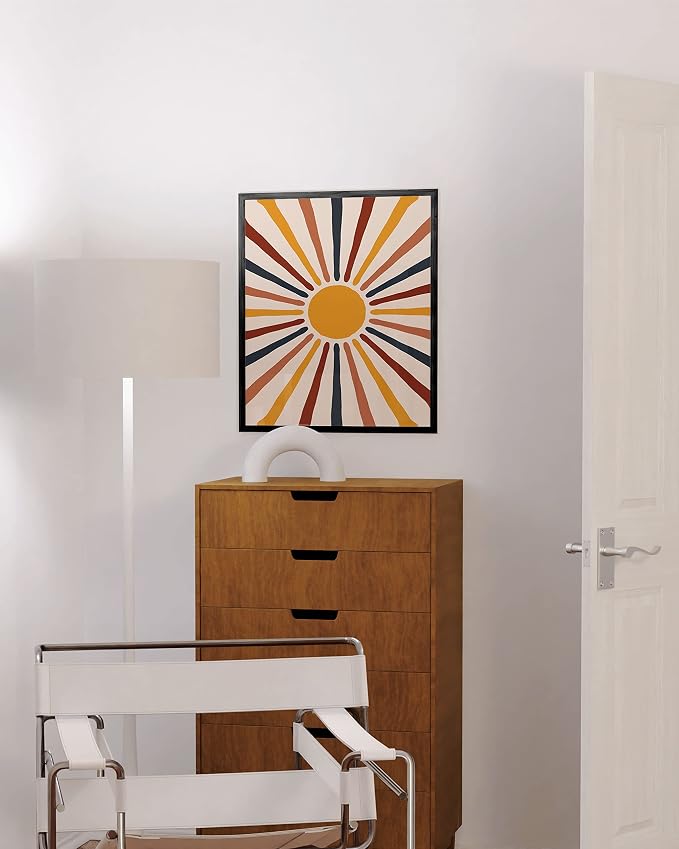 HAUS AND HUES Mid Century Modern Sun Wall Art, Boho Posters and Prints, Centered Yellow Sun with Rainbow Rays, Black Frame 16x20, Retro Wall Decor