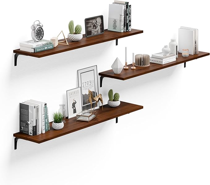 Wall Shelves 12x48 Inch Floating Wood Shelving for Living Room, Kitchen, Bedroom Office - Rustic Walnut Farmhouse 3-Pack, Heavy Duty 100 lbs, Easy Install