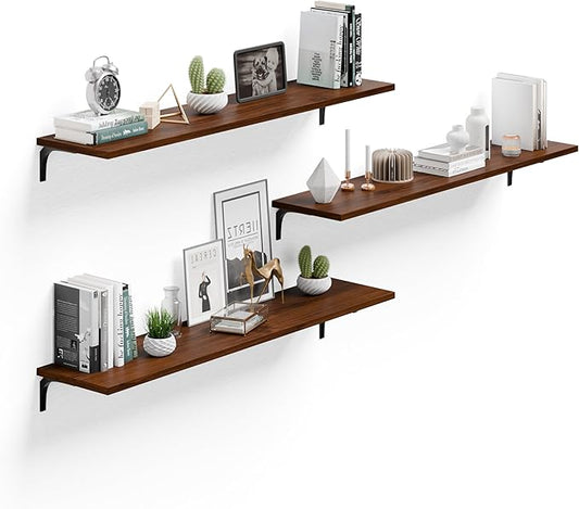 Wall Shelves 12x48 Inch Floating Wood Shelving for Living Room, Kitchen, Bedroom Office - Rustic Walnut Farmhouse 3-Pack, Heavy Duty 100 lbs, Easy Install