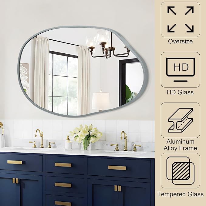 Large Irregular Wall Mirror Asymmetrical Mirror, 26"x37.5" Metal Framed Mirrors for Bathroom, Decorative Modern Wall Decor, Living Room, Entryway, Bedroom Gray