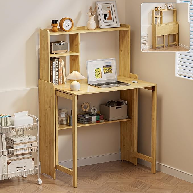 Bamboo Folding Desk for Small Spaces with Storage, Mid Century Foldable Desk with Bookshelf, Small Desks with Storage for Home Office Bedroom, Natural