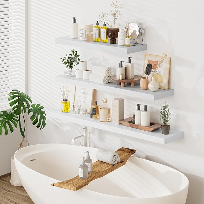 Heimlove 12" Deep Floating Shelves for Wall, 48W x 12D Inch Shelf Bathroom Shelves Set of 2, Mounted Shelves for Books Living Room Laundry Room Bedroom Kitchen Home Office, White