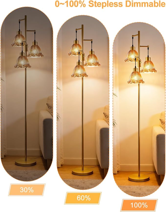 3-Light Modern Glass Floor Lamp, Gold Standing Tall Lamp with Amber Glass Shade for Reading, Dimmable LED Floor Lamp with 5Lbs Heavy Base for Living Room Bedroom Home Decor, Bulb Included