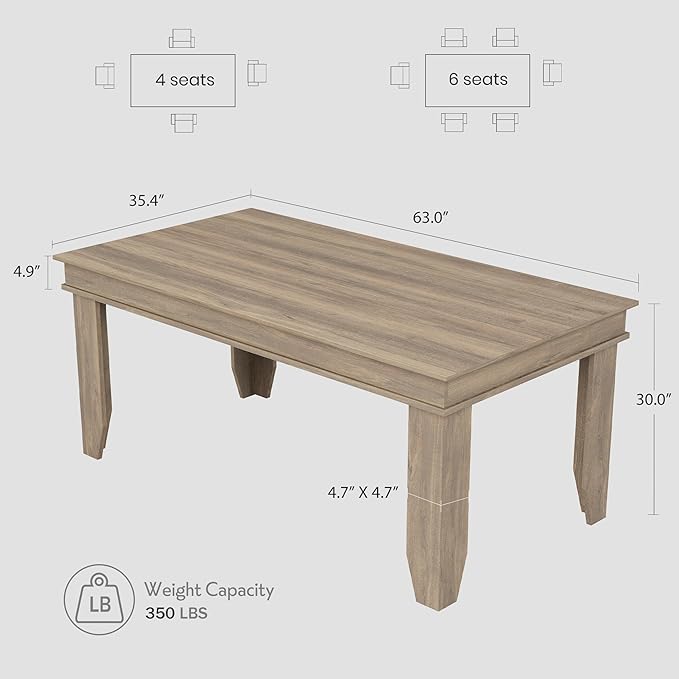 GarveeHome Farmhouse Dining Table for 4-6 People, 63 in Long Kitchen Tables with Wooden Sturdy Frame, 5 ft Large Rectangular Dinner Table for Dining Room, Kitchen, Natural Oak, 63" Non-extendable