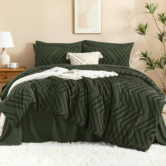 Litanika Oversized Queen Size Comforter Set with Sheets Olive Green - 7 Pieces Bed in a Bag Oversized King Boho Tufted Complete Bedding Sets with Comforter, Sheets, Pillowcases & Shams