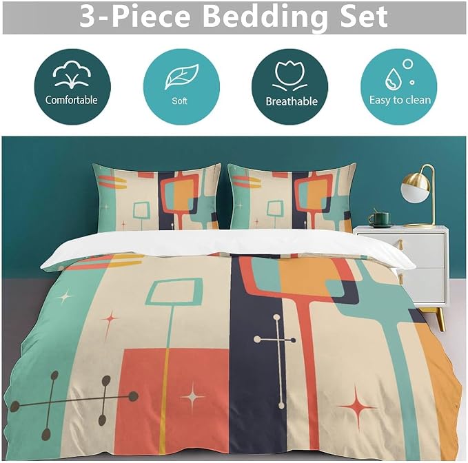 Mid Century Duvet Cover Queen Retro Atomic Bedding Set, Rainbow Grid Comforter Cover Vintage Fifties 1950s Bed Set，Abstract Art Bedding 3 Piece (1 Duvet Cover 86"x70" + 2 Pillow Sham 20"x30")