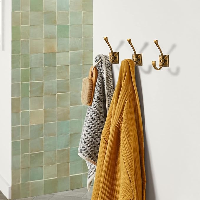 Large Wall Hooks 5 Pack Antique Brass Coat Hooks Hardware Towel Hooks for Hanging Coats 4.35 Inch Double Robe Hooks Wall Mounted with Screws for Key, Towel, Bags, Cup, Hat