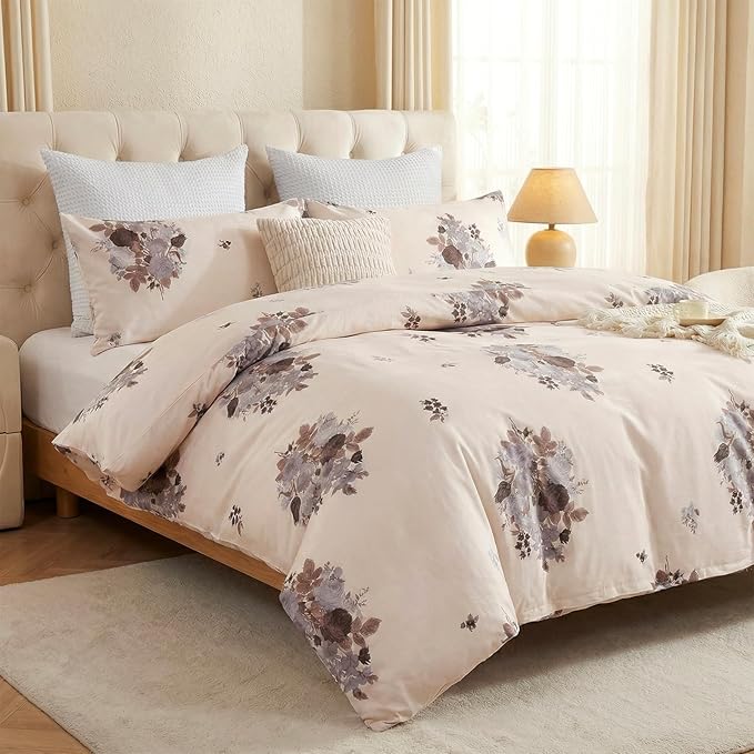 Cream Floral Duvet Cover Queen Size - 100% Cotton Comforter Cover Elegant Flower Botanical Duvet Cover Sets 3-PC, Breathable Duvet Cover with Zipper Closure & Corner Ties