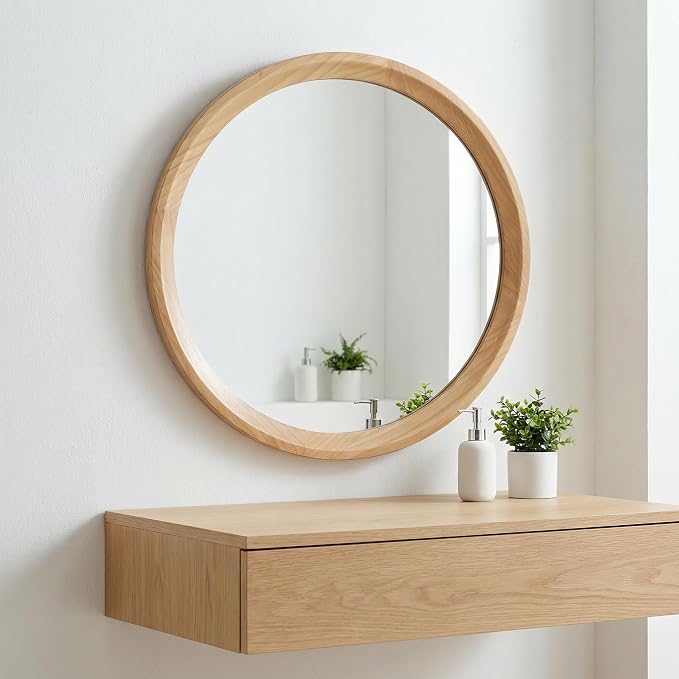 23.62'' Natural Wood Round Wall Mirror with Solid Wood Frame & Pre-Installed Hanging, Decorative Mirror with Large Reflective Surface for Bathroom Bedroom Living Room, Natural
