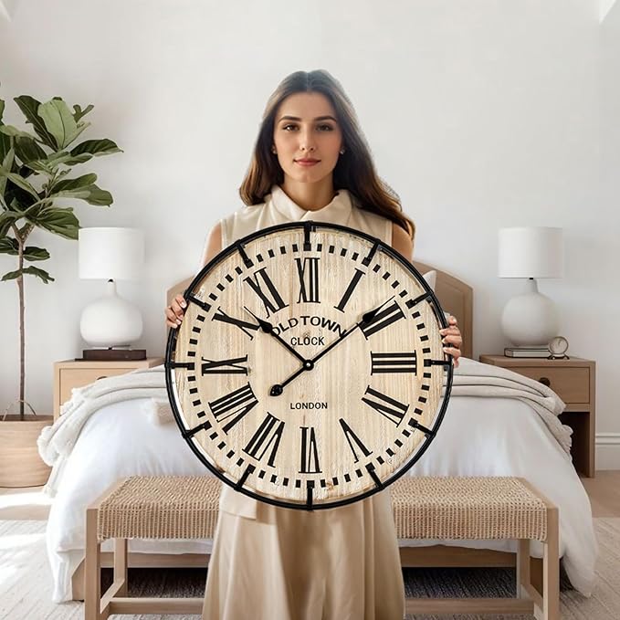 Rustic Farmhouse Wall Clock 24 Inch, Vintage Oldtown London Wooden Large Clock with Silent Tick, for Bedroom, Office, Kitchen, Indoor Home Decoration