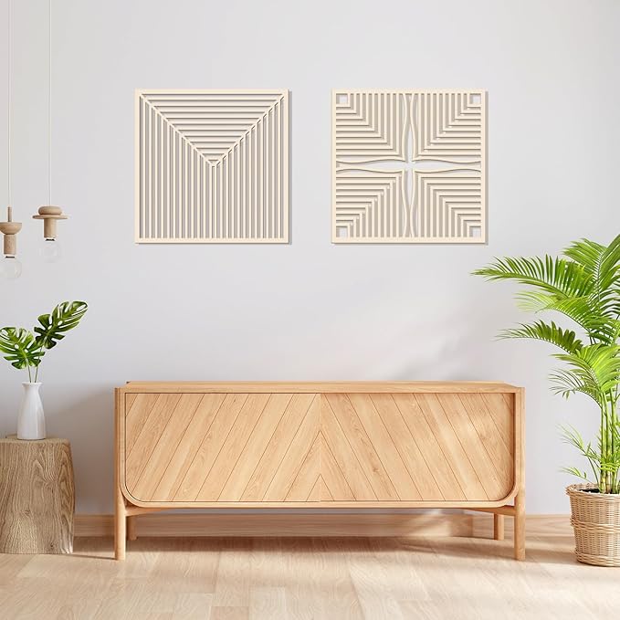 Homenthus 2 Pcs Abstract Wood Wall Art, Mid Century Modern Geometric Wood Wall Decor Minimalist Wooden Wall Art Decor Panels for Boho Living Room Bedroom Kitchen Dining Room Office Home Wall Decor