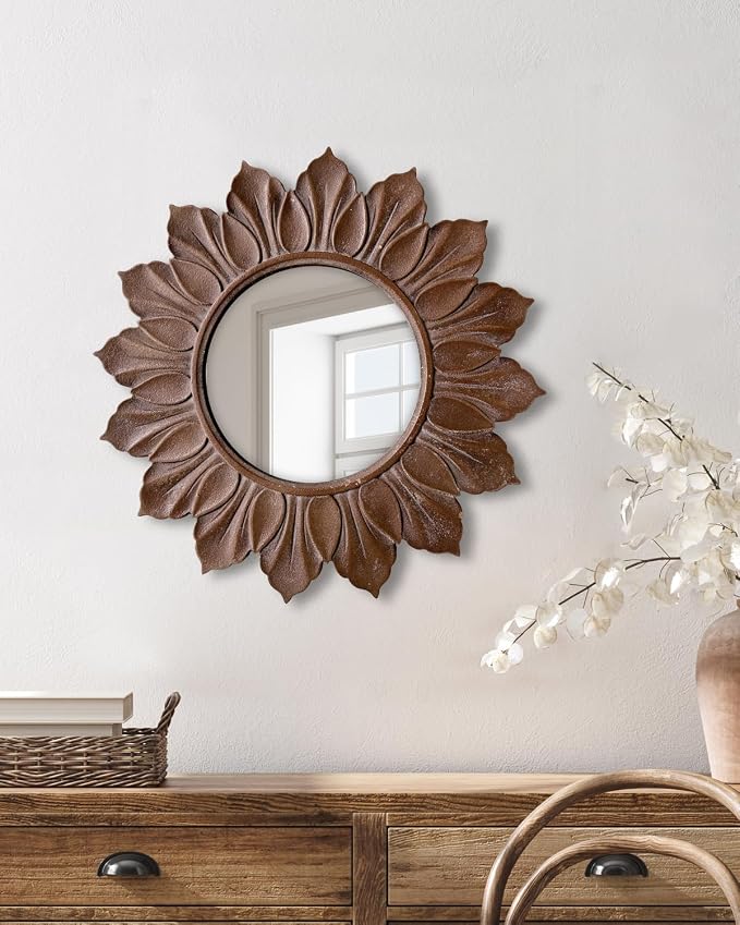 Sunflower Sunburst Wall Mirror, 26" Distressed Brown Wooden Frame, Handcrafted Petal Floral Design, Vintage Farmhouse Style Mirror for Wall Decor for Living Room, Bedroom, Bathroom, Vanity