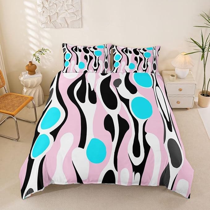 Erosebridal Mid Century Modern Abstract Duvet Cover Set Vintage Geometric Full Size Bedding Sets for Children Boys Contemporary Organic Shapes Comforter Cover Squiggle Blob Bed Set,Light Pink Cyan