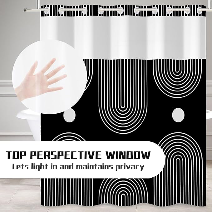 No Hook Shower Curtain with Snap in Liner Boho Mid Century Shower Curtains for Bathroom Hotel Double Black Bath Curtain Washable 71x74 Inch