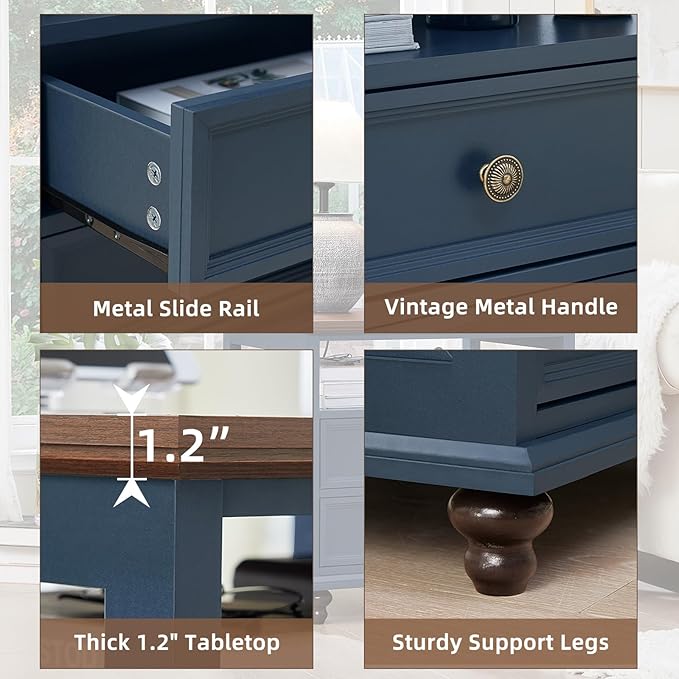 24" Wide Farmhouse Night Stand,Large End Table with 2 Drawers & Metal Handle,Wood Dresser for Bedroom, Blue Bed Side Table Chest of Drawers Cabinet,Nightstand for Living Room,Closet