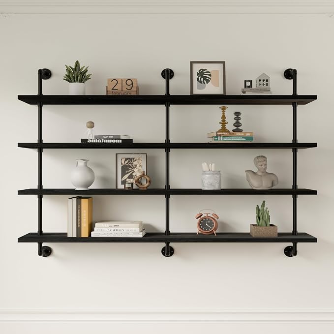 HDDFER Floating Shelves for Wall Bookshelf Industrial Pipe Shelving Shelves 60 Inch Natural Wood Planks Rustic Wall Shelves Hanging Bookshelves Farmhouse Kitchen Shelving Black