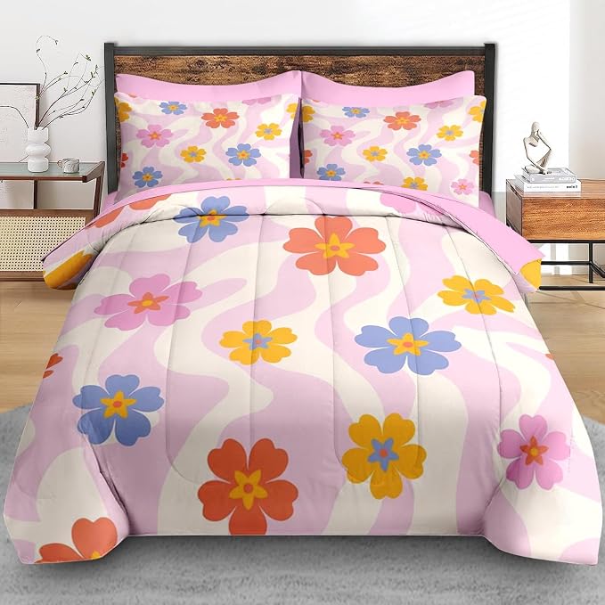 Pamnest Comforter Set King Size, Retro Daisy Pink 7 Pcs Bedding for Kids and Adults, Hippie Aesthetic Kids Bed Sheet Sets with Fitted Sheet 2 Pillowcases & 2 Shams for Bedroom Bed Decor