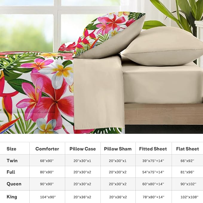 Nesker 5 Pcs Comforter Set Twin Size, Tropical Flower Palm Leaf Bedding Set for Kids and Adults, Leaves Floral Hibiscus Bed Sheet Sets with Fitted Sheet Pillowcases & Shams
