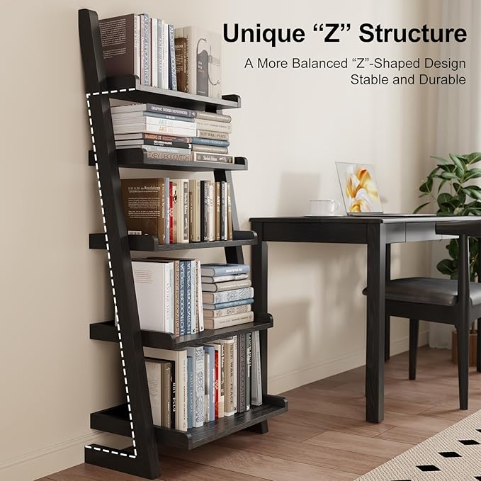 AQIMUELE Black Wooden Ladder Shelf with Edges, 5-Tier Modern Leaning Bookshelf Ladder – Stylish Space-Saving Bookcase for Living Room, Bedroom & Home Office