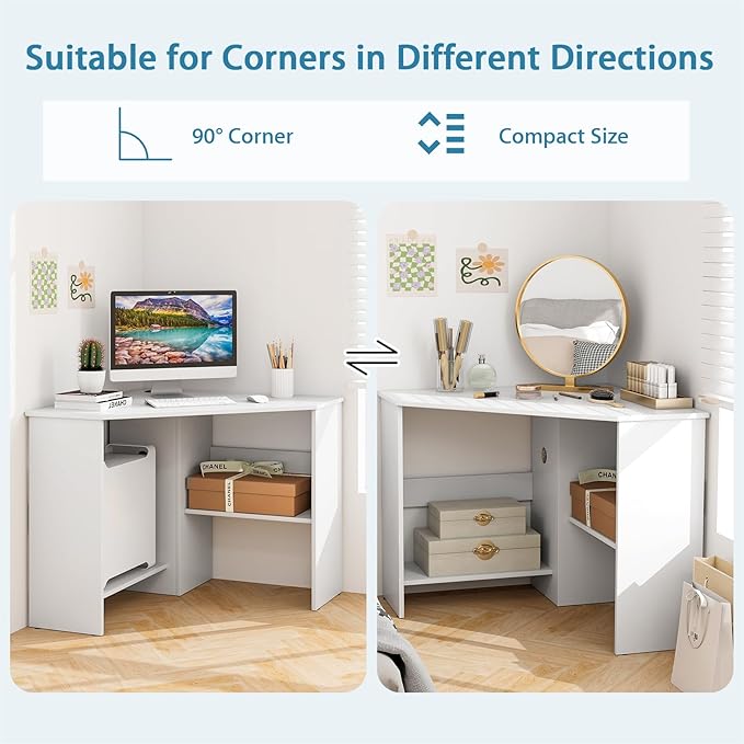 LDAILY Corner Desk, Space Saving 90 Degree Triangle Computer Desk with Storage Shelves & Cable Holes, Wood Compact Corner Writing Table for Small Spaces, Home Office, Bedroom & Living Room, White