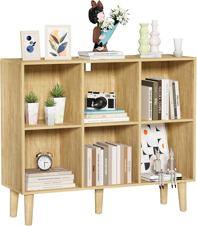 6 Cube Bookcase, Wooden Book Shelf Cube Storage Organizer with Legs, 2 Tier Bookshelf Freestanding Open Shelves for Home Office, Living Room, Bed Room (Oak, 6 Cube Horizontal)