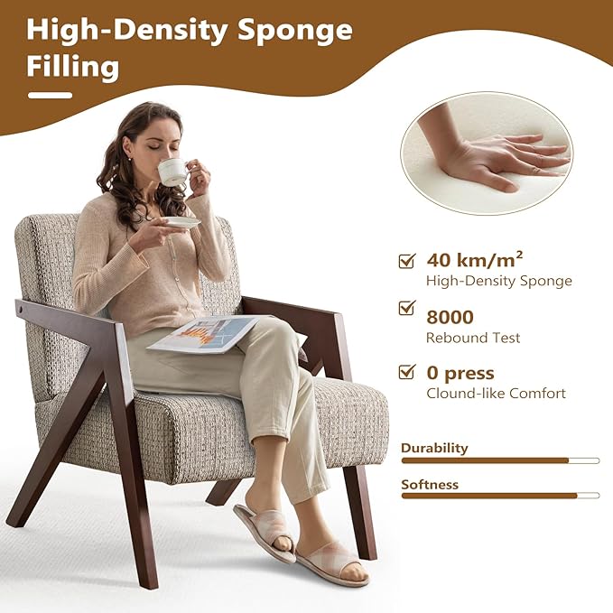 Bonzy Home Mid-Century Modern Accent Chair with Solid Wood Frame, Upholstered Armchair for Bedroom & Living Room,Reading Side Chair with Soft Lien Fabric Cushion,Easy Assembly