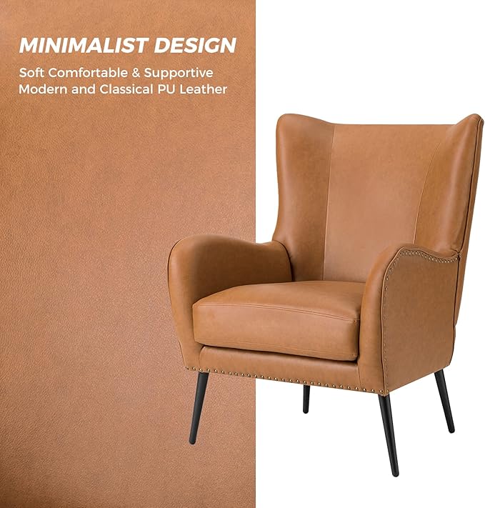 HULALA HOME Faux Leather Accent Chair Set of 2 with Removable Cushion, Comfy Upholstered Armchair with Metal Legs & Nailhead Trim Wingback Vanity Chair for Reading Living Room Bedroom, Camel