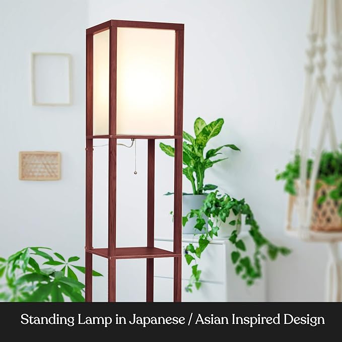 Brightech Maxwell - Modern Shelf Floor Lamp with Lamp Shade & Warm White LED Bulb, Corner Display Floor Lamp with Shelves for Living Room, Bedroom, Nightstand Office, Home Decor Storage - Walnut Brown