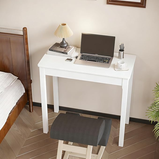Solid Wooden Desk with Drawers - 32 x 16 Inch Narrow Desks for Small Spaces, Rubberwood Simple Study Table, Small Writing Desk for Bedroom - Modern White Desks
