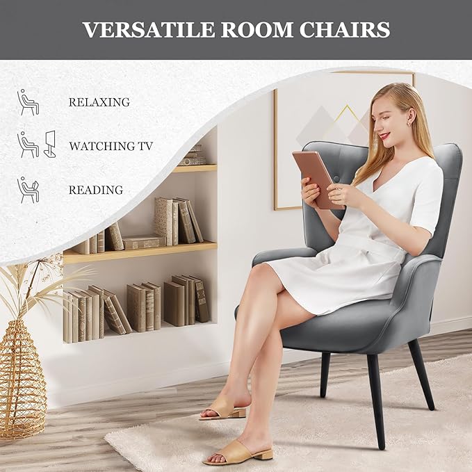 Furnimart Accent Chairs Set of 2, Grey Velvet Chair Reading Chair Armchair with High Backrest, Wingback Corner Chair Mid Century Modern Chair for Living Room, Bedroom, Waiting Room