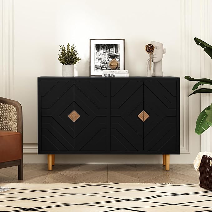 HLR 48" Accent Cabinet with 4 Doors and Shelves, Modern Sideboard Buffet Cabinet with Decorative Embossed Pattern Doors, Credenza Storage Cabinet for Living Room, Kitchen, Dining Room, Hallway